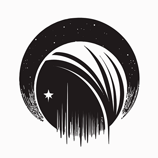 Simple abstract shapes, logo symbol, shining star over planet in space in a sphere, extremely simple geometric shapes, stamp, black and white, vector, minimalistic,