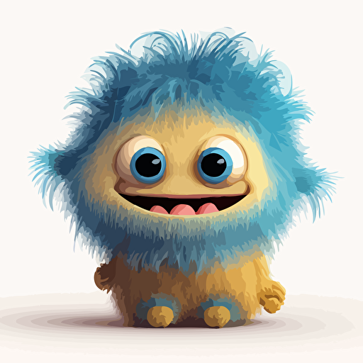 A gorgeus yellow and blue baby fur monster, smiling, white background, vector art , pixar style