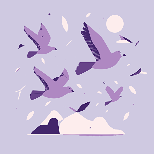no stroke, light purple, organic shape, simplicity, birds flying high in the sky happily, very cute, flat, simple, illustration, pale color, low contrast, vector