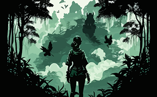 an intricate landscape wallpaper with a androgynous, more female presenting traveler's silhouette looking up at the surrounding towering, peaceful cloud forest in green moody vectorized style