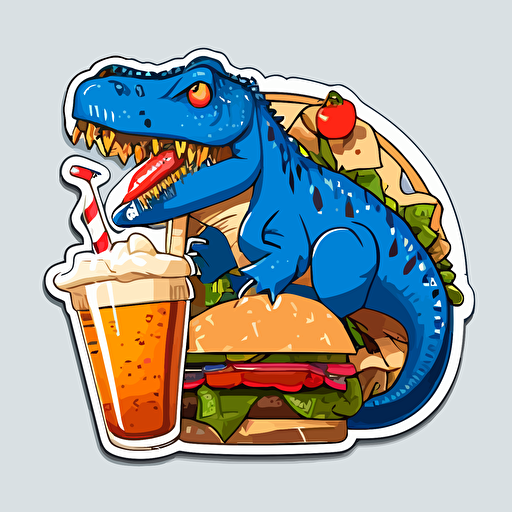 blue dinosaur and burger:sticker,illustration ,vector ,cartoon style
