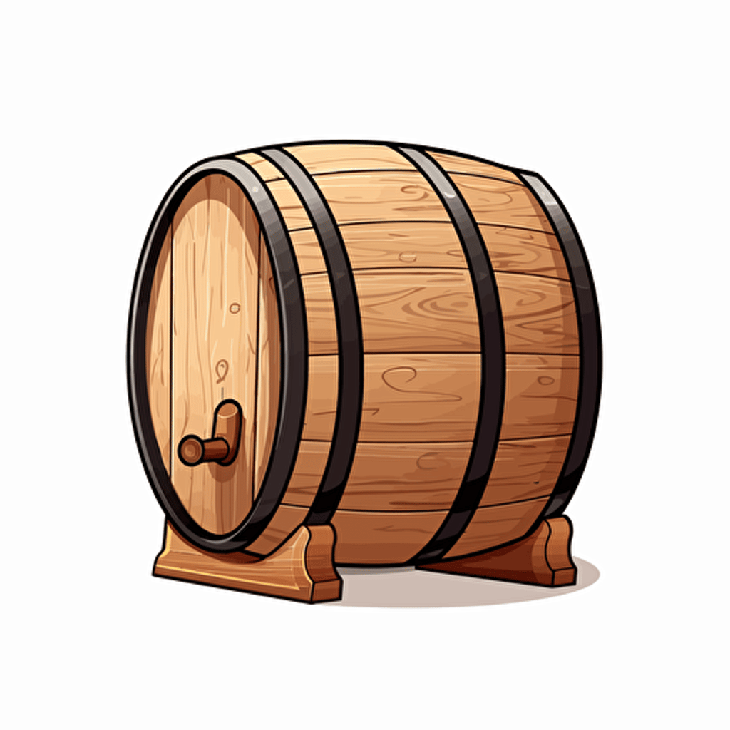 single wooden barrel, simple forms, flatart, 2D vector style, cartoon, white background, side view