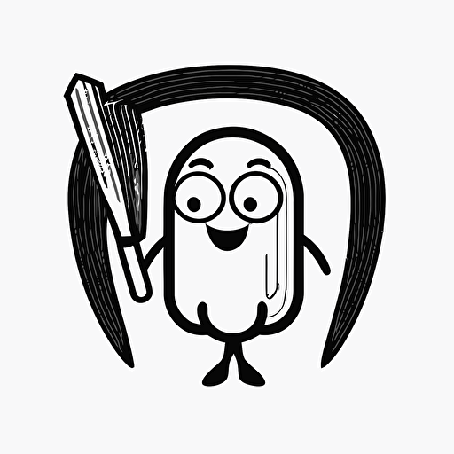 a logo of a smiling squid holding a feather quill, minimalistic, black and white, basic, low detail, smooth, line, flat, vector