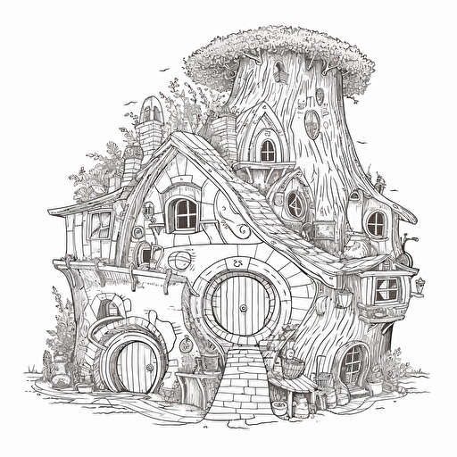 a whimsical medieval hobbit house, in a flat 2d vector style, black and white, no perspective, zentangle