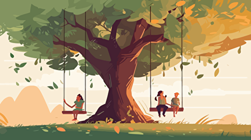 big beautiful tree with a little girl in swing and parents looking , vector ilustration