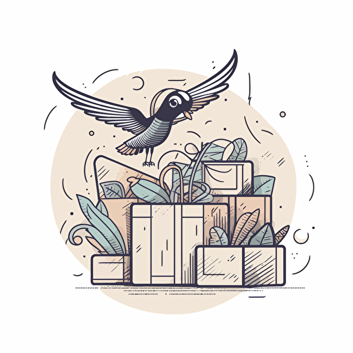 Illustration of a bird flying over gift boxes holding a magnifying glass. doodle style vector minimalist