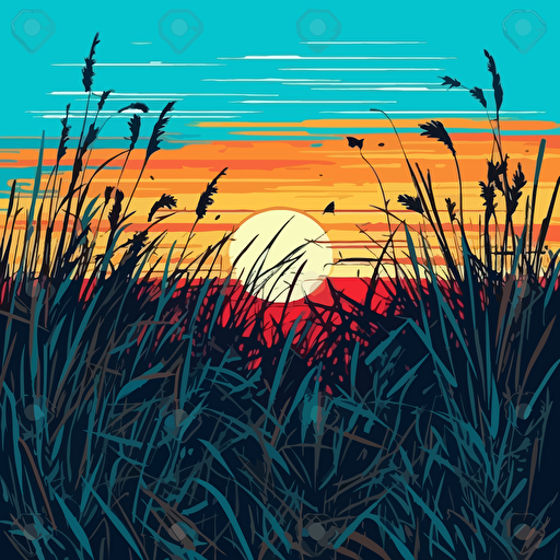 rural field of tall grass, blue sky, sun on the horizon, sunset, vectoral art, 60s pop art,
