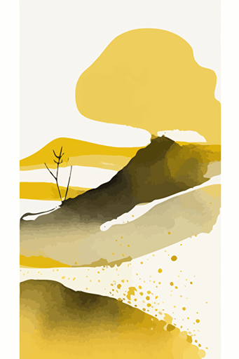 Mustard yellow and beige watercolour abstract landscape, Minimalist, vector, contour