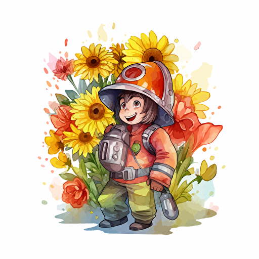 cute fireman, flowers, detailed, cartoon style, 2d watercolor clipart vector, creative and imaginative, hd, white background