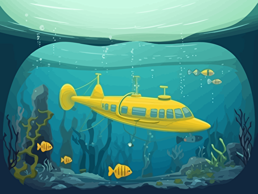 2d vector illustration, yellow submarine under water, attach by a string like a kite by an astronaut stading on the sea bed