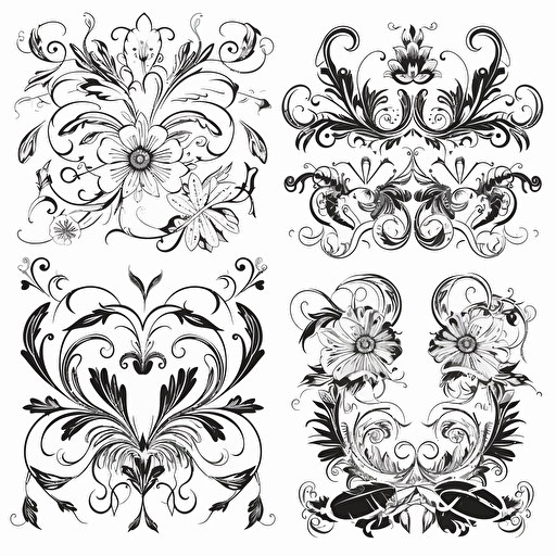 floral and wavy monograms vector, Black on white, white background