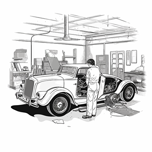 a guy working in his garage on restoring a classic car, black and white design, vector isolated on white