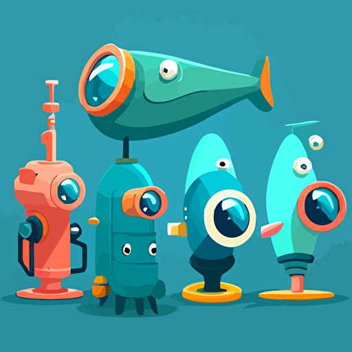 5 cartoony aquatic bazookas lined up, vector, theme is aquatic, cartoony, 2D, concept art, Pet Simulator X
