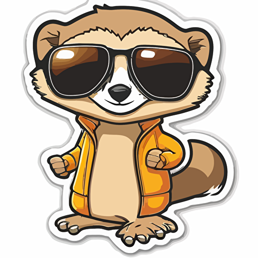sticker, Happy Meerkat with sunglasses, kawaii, contour, vector, white background
