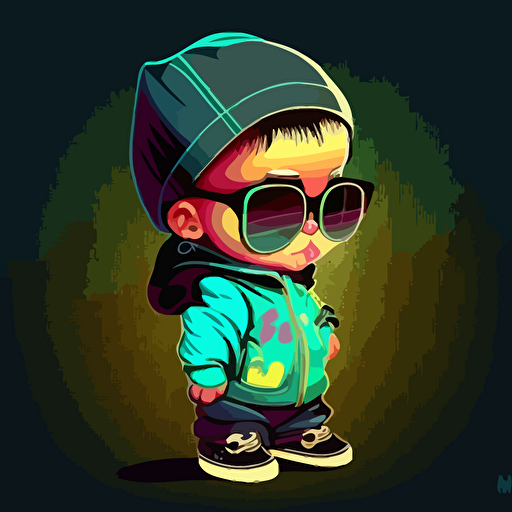 a very cute baby dressed as a cholo, wearing very big sunglasses ,vector, cartoon, graffiti neon colors