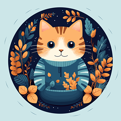 cute vector cat in a Blue sweater surrounded by plants