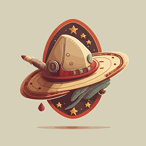 a flat vector logo, minmal, of a rocketship wearing a cowboy hat