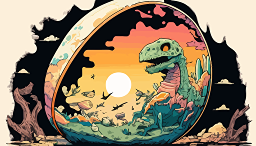 a panel with a Shōnen manga style depicting a big egg buried in the terrestrial mantle it is dissolving and turning into petroleum, around it we see bones of various dinosaurs, color pop, flat vector art, bright colors, high resolution