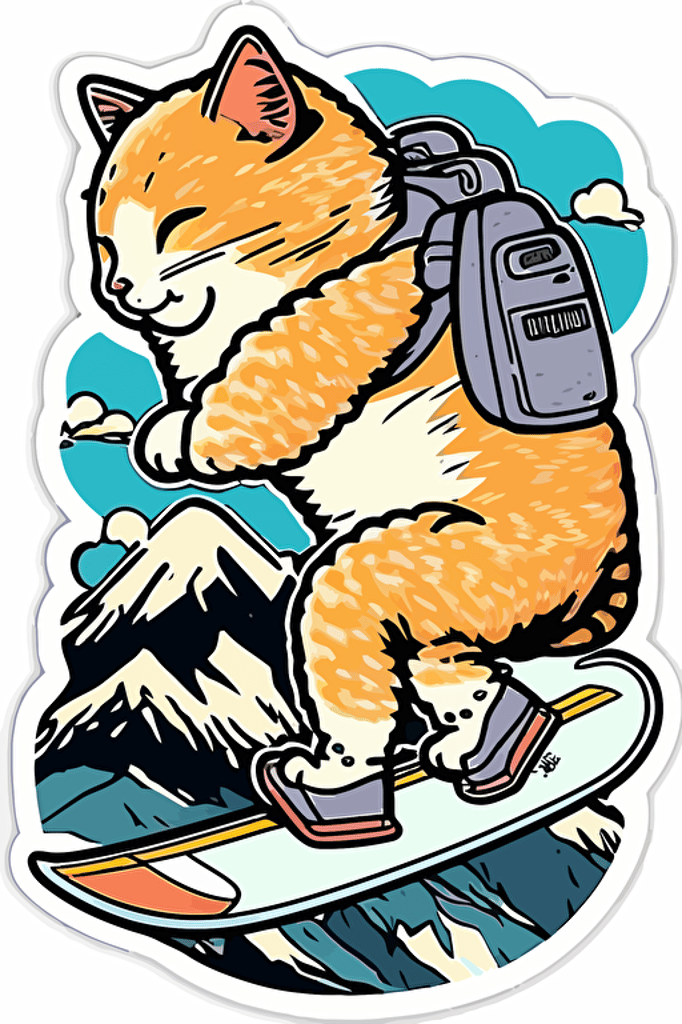 sticker with outline, snowboarding cat, cute, snow mountain, 1980s studio ghibli style, flact vector art, bright colors,