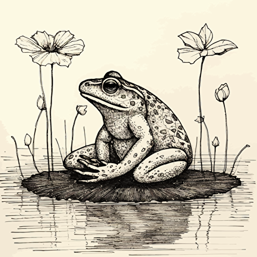 frog sitting on a lillypad, very simple design, vector drawing, black India ink on handmade cotton rag paper,