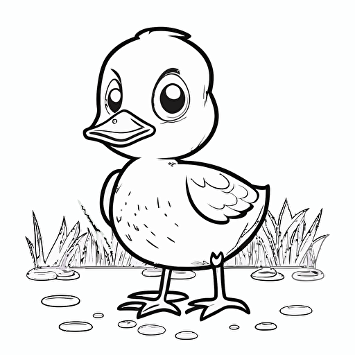 cute duck in farm, big cute eyes, pixar style, simple outline and shapes, coloring page black and white comic book flat vector, white background