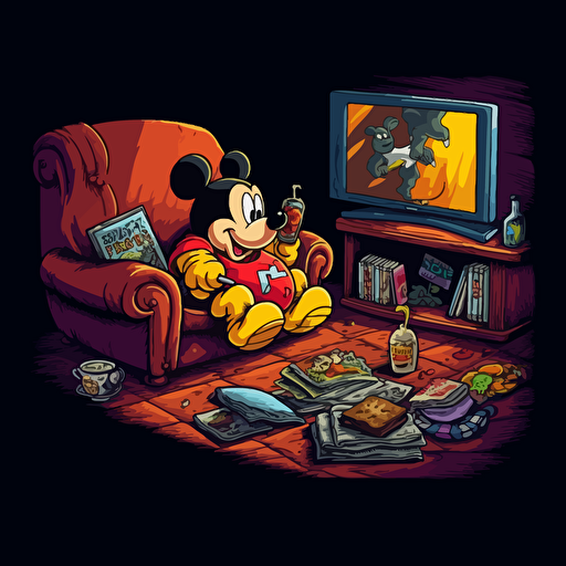 sad, obese Mickey mouse sitting on couch watching TV in his boxers. Giant burger on the table. Trashy apartment. High detail. 16k. Vector image. Black background. Five o clock shadow.