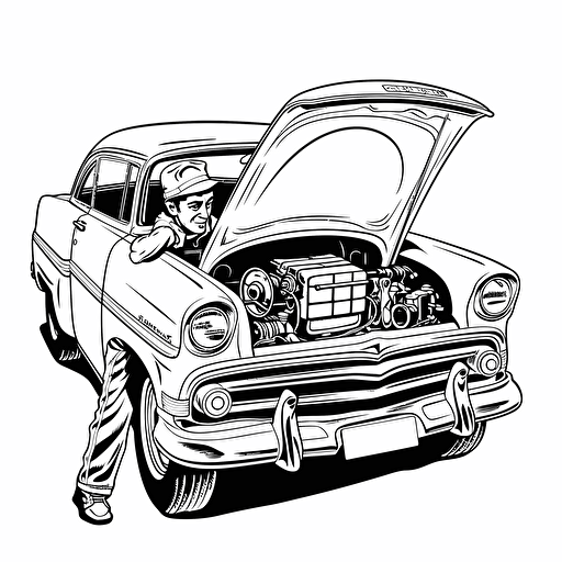 a mechanic working under the hood of a classic car, black and white design, vector isolated on white