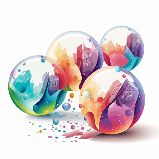 five transparent exploding marbles with a small town inside. Vector styling. Very colored. White background