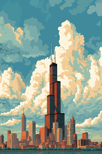 vector art, sears tower, clouds,
