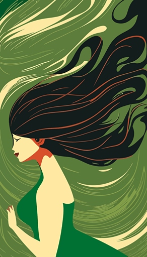 faceless beautiful asian lady embodying the wind, green background, vector art,