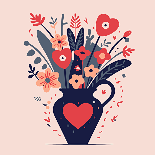 boquet of Valentine's flowers with an arrow groing through the vase in a vector art cartoon style, flat color,