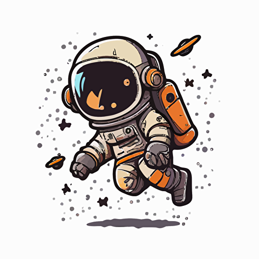 draw a 2D vector, cartoon, cute, astronaut flying in space, a simple drawing, in color but bordered with a black line, flat drawing and without details on a white background