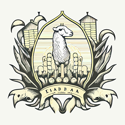 line drawing coat of arms, iowa barn, head of a sheep below sleeve, corn, Vector