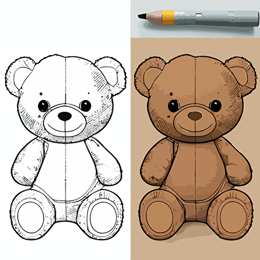 draw a 2D vector, cartoon, cute, happy teddy bear, a simple drawing, in color but bordered with a black line, flat drawing and without details on a white background.