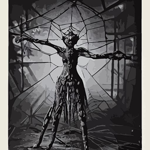 1860 photo ancient fractal spider woman demon abandoned factory middle forest spooky spider webs devouring human soul veins arteries intricate golden ratio frame microscopic elegant highly detailed ornate ornament sculpture elegant luxury beautifully lit ray trace 3d pbr