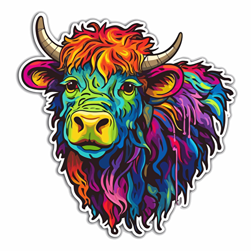 sticker, vector shaggy cow rainbow, no background