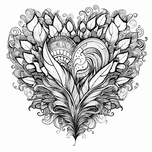 a feather plume made with hearts that is a simple black and white vector line drawn so I can color later