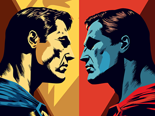 pop art poster of batman and superman facing off, vector vibrant colors