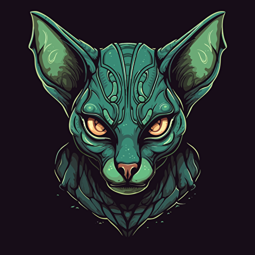 Logo, Menacing, Alien Warrior Cat, Sphynx, Green Eyes, Big Ears, Vector Style,