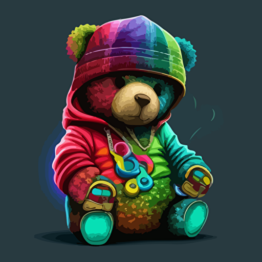 vector art image of a colorful teddy bear smoking marijuana dressed in hip hop attire