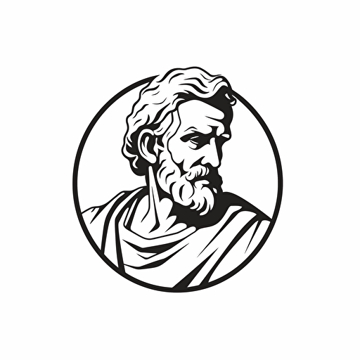 Seneca the younger illustration, minimal, outline strokes only, black and white, logo, vector, minimallistic, white background
