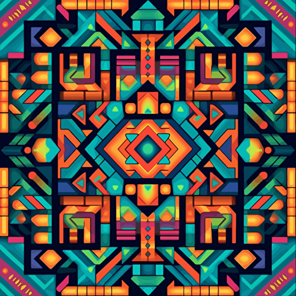 sharp vector aztec pattern, simple, square like, dmt, made in adobe illustrator, colorful 5.1