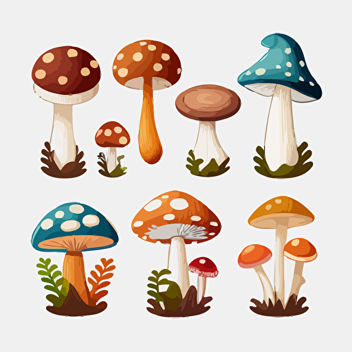 6 different mushrooms. Vector, stickers, simple. White background