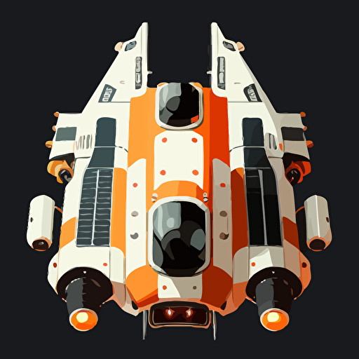 orange and white space ship on black background, top-down view, clean, simple, no shadows, vector