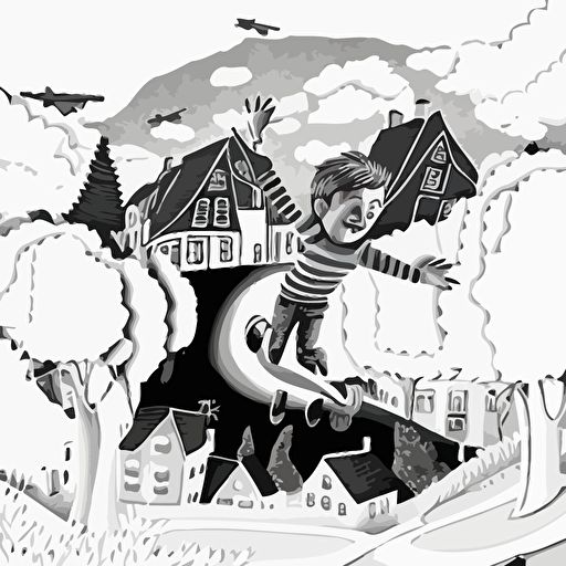 Little boy flying above houses and trees. black and white vector illustration. Cheerful image