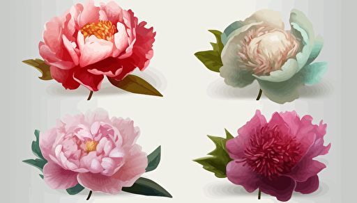 peony flower, 4 count, vector style, 2d, white background,
