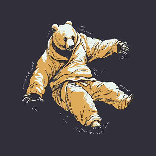 Bear taking down another bear midair, wearing jiu jitsu clothes, vector animation illustration, 4 colors limit, solid background, high resolution