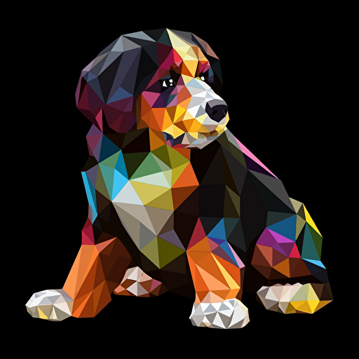 colorfull origami Bernese Mountain Dog puppy dog, vector art, black background