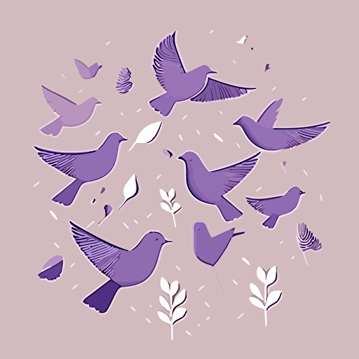 no stroke, light purple, organic shape, simplicity, birds flying high in the sky happily, very cute, flat, simple, illustration, pale color, low contrast, vector