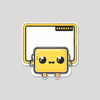 vector sticker style, rectangle border, transparent background, cute cartoon kawaii style, yellow backdrop inside with a small robot head in right hand lower corner of border